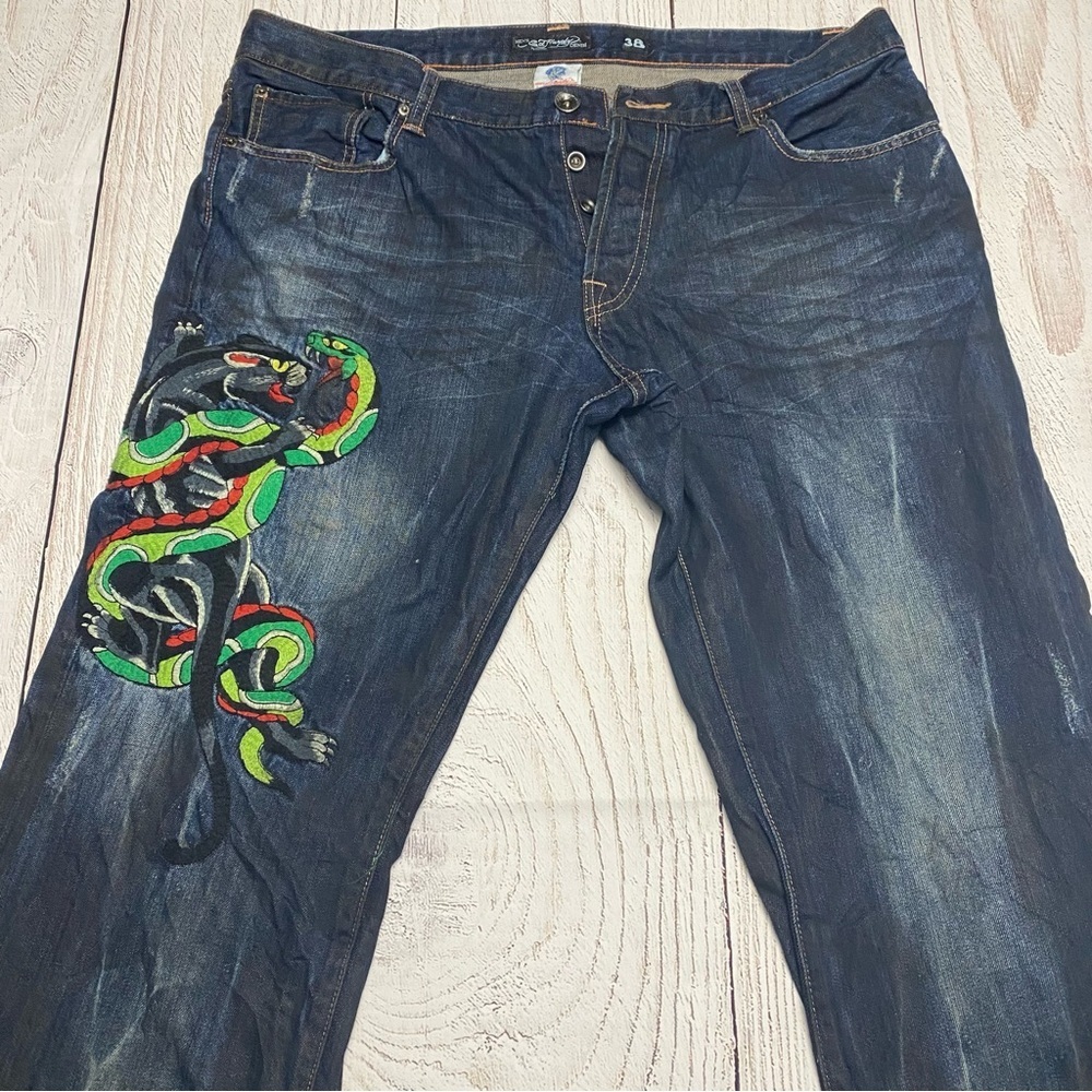 Ed Hardy y2k Dark Blue Jeans with Colorful Snake puma Embroidery 38x34